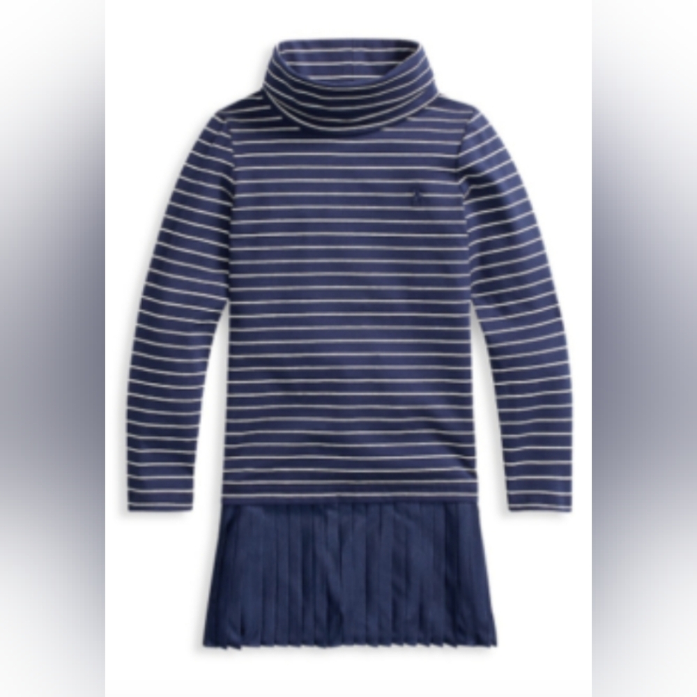 Polo Ralph Lauren Kids Girls Navy and White Striped Turtleneck Dress Size XL